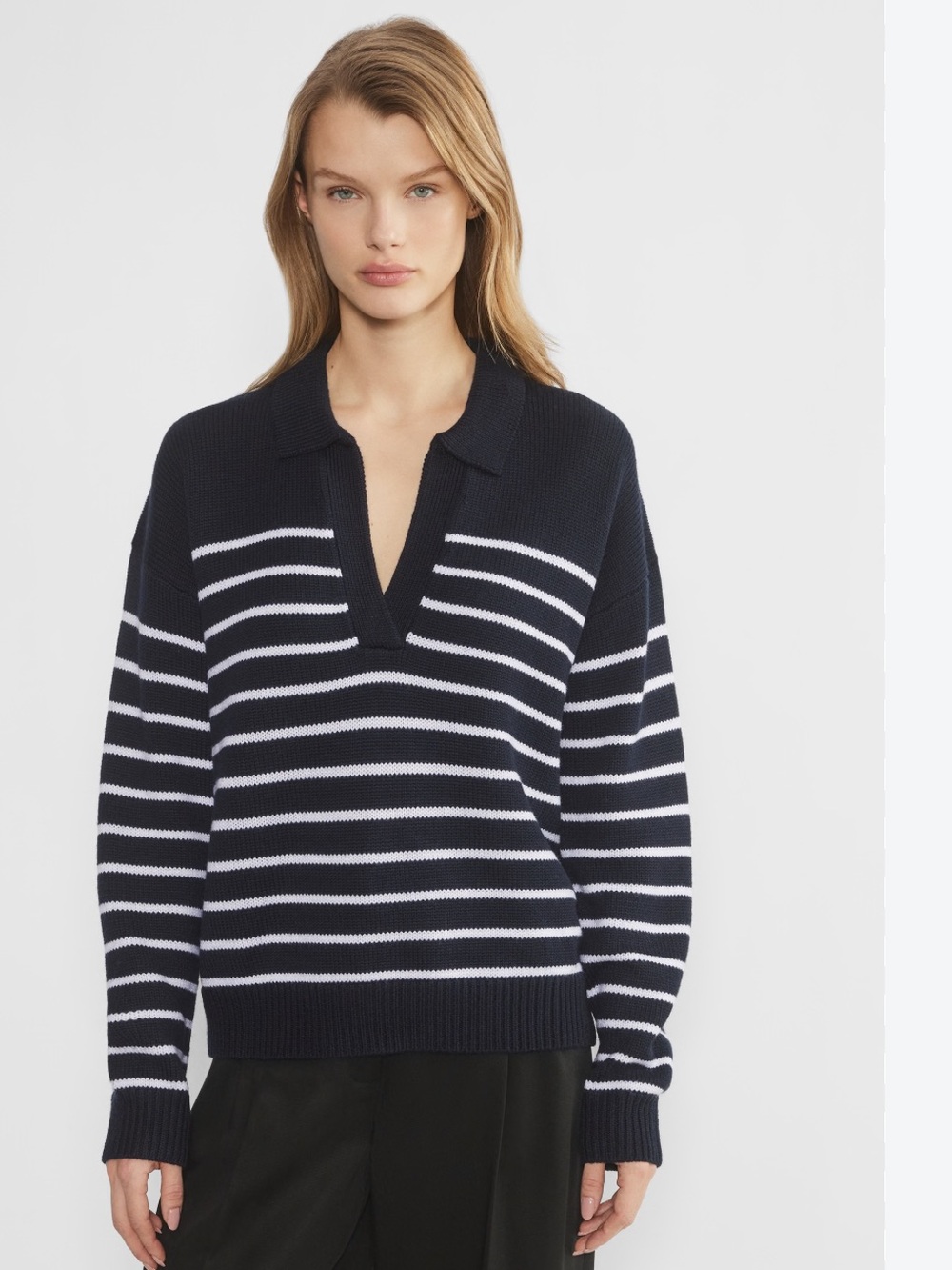 Wilfred Clara Merino Wool sweater blue white stripe open neck collar loose fit